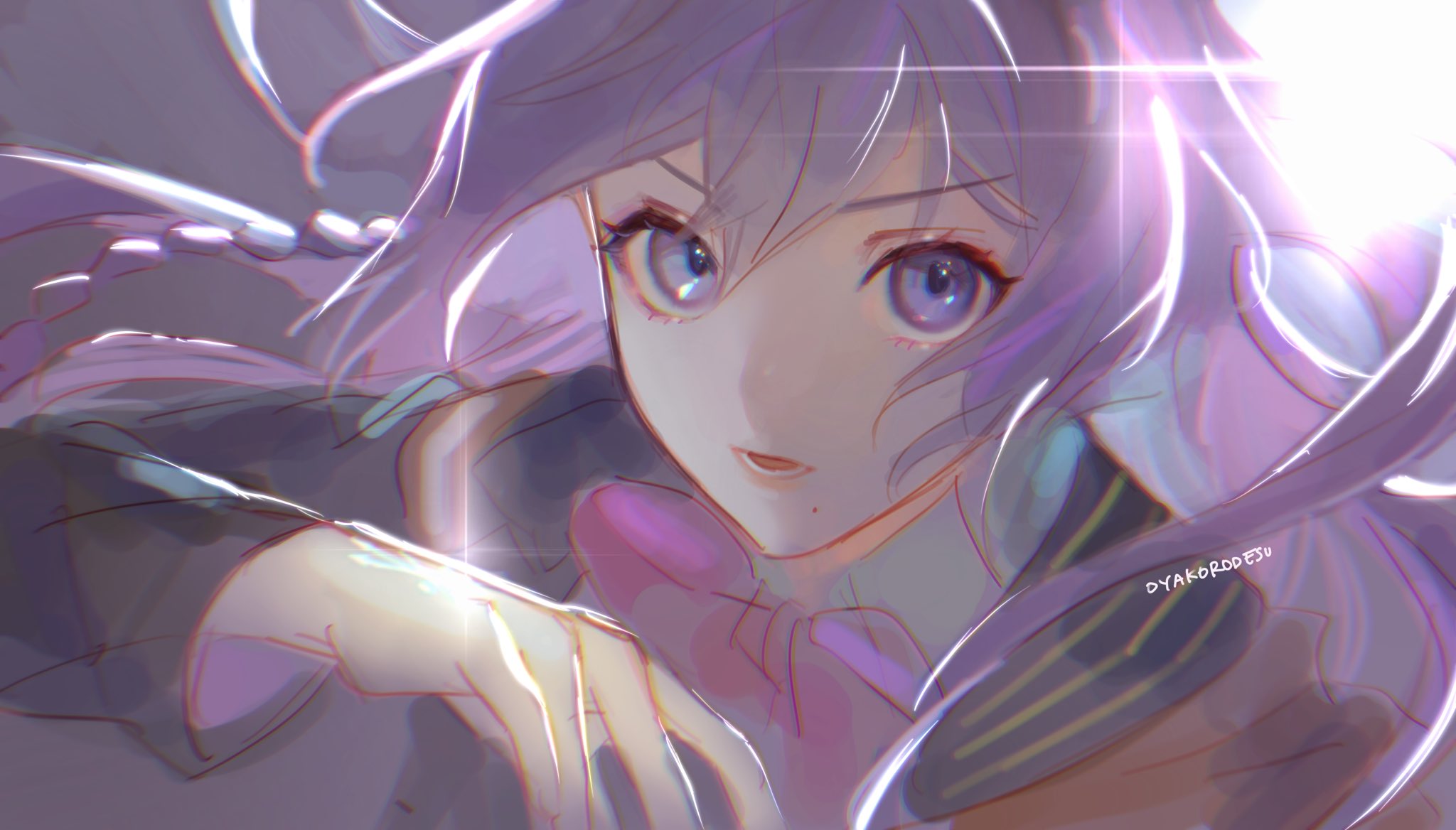 this is an anime style illustration of a girl with long purple hair and blue eyes. her hair is styled in a messy bun and she is wearing a pink shirt. the background is a blur of colors and light. the art style is vibrant and eyecatching.