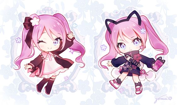 the image features two chibistyle anime girls with pink hair styled in twintails. they are presented as a mirrored pair, with slight variations in their outfits and accessories. the girl on the left embodies a sweet and innocent lolita aesthetic, while the one on the right sports a more edgy and playful streetwear look with cat ears. both characters are drawn against a soft pink and purple floral background, further enhancing their cuteness and charm.