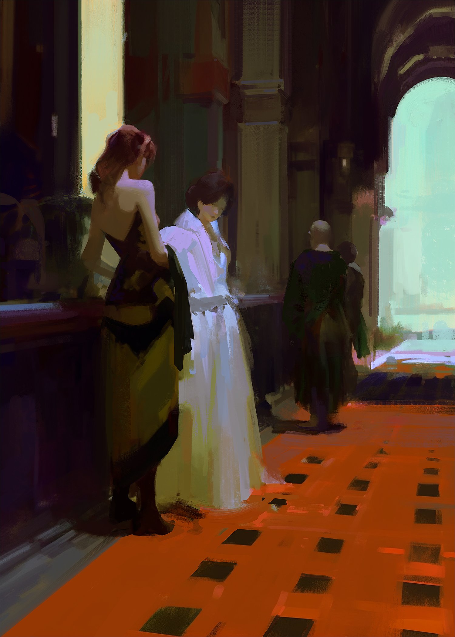 a painting of three people in a formal setting, with two women wearing long dresses and a man wearing a dark suit. the women are facing the viewer while the man is walking away. they are in a hallway with pillars and a red carpet.  the art style is loose and impressionistic.