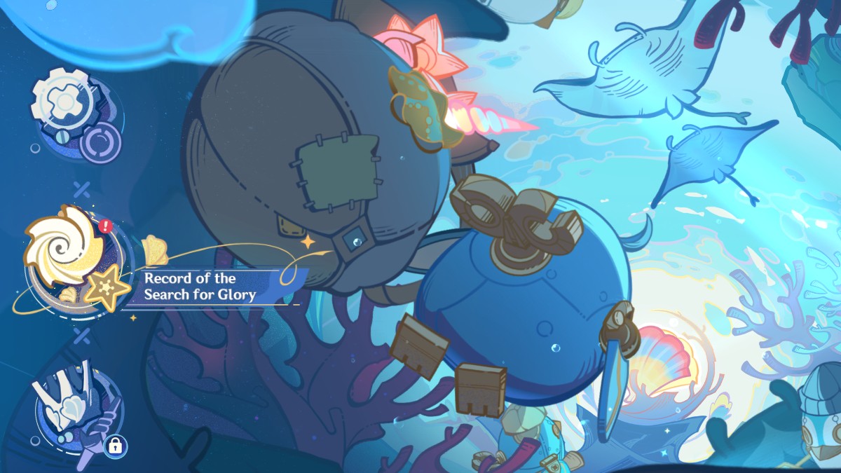 this image is from the popular video game genshin impact. the image shows a detailed view of an underwater map with a glowing shell and a sign that reads "record of the search for glory".  there are other underwater creatures and treasures around.  this image signifies exploration and adventure.