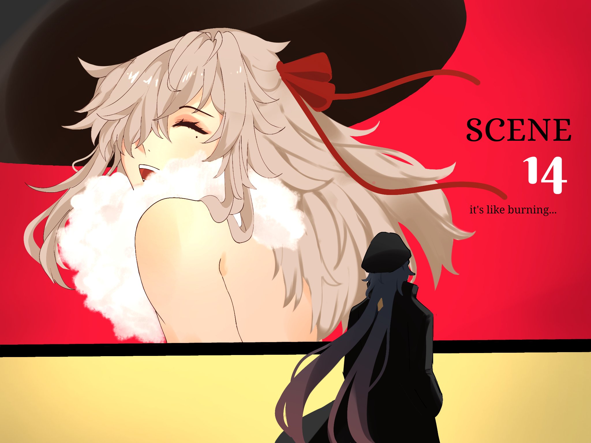 this image is a scene from an anime or manga. the scene is set in front of a large poster with the words "scene 14" and "it's like burning..." written on it. the poster features a woman with long blonde hair and a red hat. the woman has her eyes closed and is smiling. the woman is standing in front of a red background. in the foreground, a person with long black hair and a black hat is standing and looking at the poster.