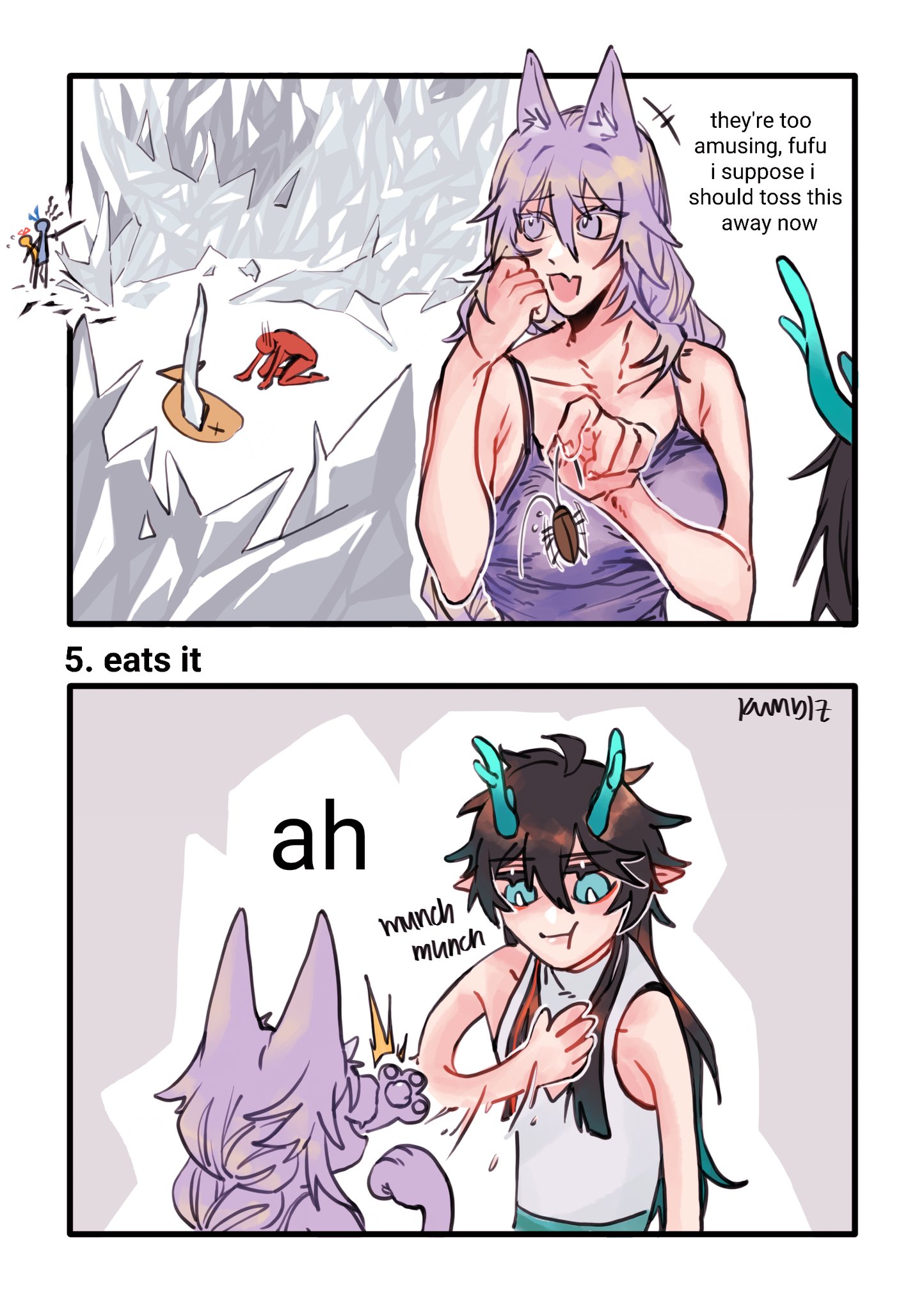 the image is a comic strip with two panels. the top panel shows a girl with cat ears and tail holding a cockroach in her hand. she is looking at it with a disgusted expression and says, "they're too amusing. fufu. i suppose i should toss this away now." the bottom panel shows the same girl with her mouth open and a shocked expression. she is holding a small catlike creature with paws on her chest. the catlike creature is looking at the girl with a hungry expression and says, "ah" in a thought bubble. there is also a thought bubble above the girl's head that says, "munch, munch." the scene suggests that the girl is about to be eaten by the creature. the image is humorous and lighthearted. it is likely part of a larger story or comic.