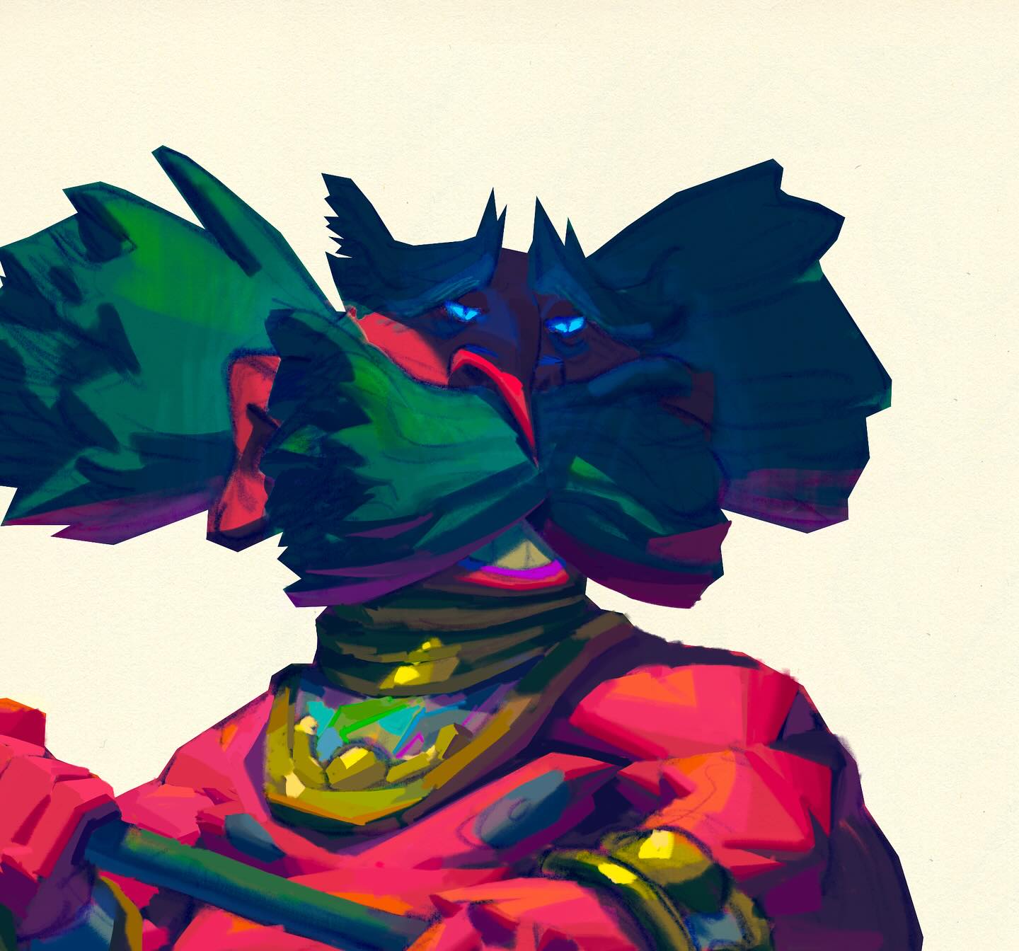the image is a digital painting of a stylized fantasy character. the character has a large, dark, almost abstract head of hair that frames a face partially obscured by what appears to be a mask or large, exaggerated facial features. the figure's eyes are bright blue and piercing. the character wears a red garment and a large golden neck piece. the overall style is vibrant, abstract, and expressive, using bold colors and shapes to create a striking visual effect. the background is a pale, offwhite color, allowing the figure to stand out prominently.  the style suggests a blend of influences, possibly drawing from traditional art and modern digital painting techniques.