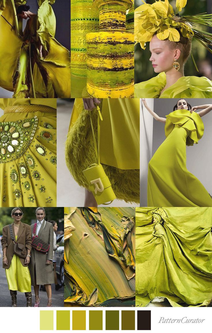this is a mood board with yellow and green color palette for fashion design. the mood board shows a variety of textures and patterns, such as fabric, painted textures, and clothing. the mood board is made up of nine squares, each showing a different example of the color palette. the color palette is made up of a variety of shades of yellow and green.  below the mood board there are 8 color swatches representing the color palette.  it also has "pattern curator" text at the bottom right.