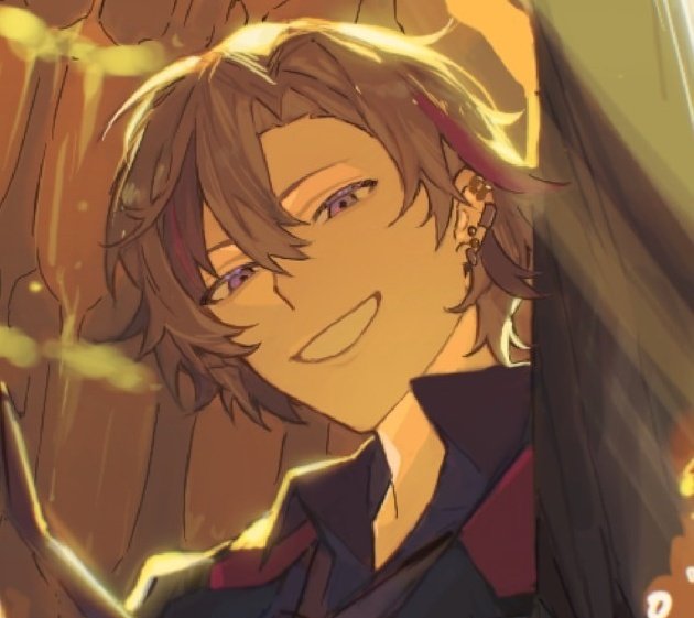 the image is a digital illustration of a young man with brown hair and purple eyes. he is smiling brightly and wearing a dark blue and red outfit. the background is a warm yellow color. the style of the image is reminiscent of anime and manga.