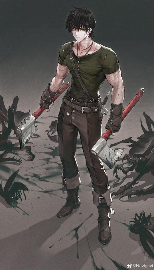a digital illustration of an anime male character, with short black hair, wielding a sword and axe. the character is wearing green shirt, brown pants, and black boots, and is standing on a grey and brown background, which has many dark shadowy figures.