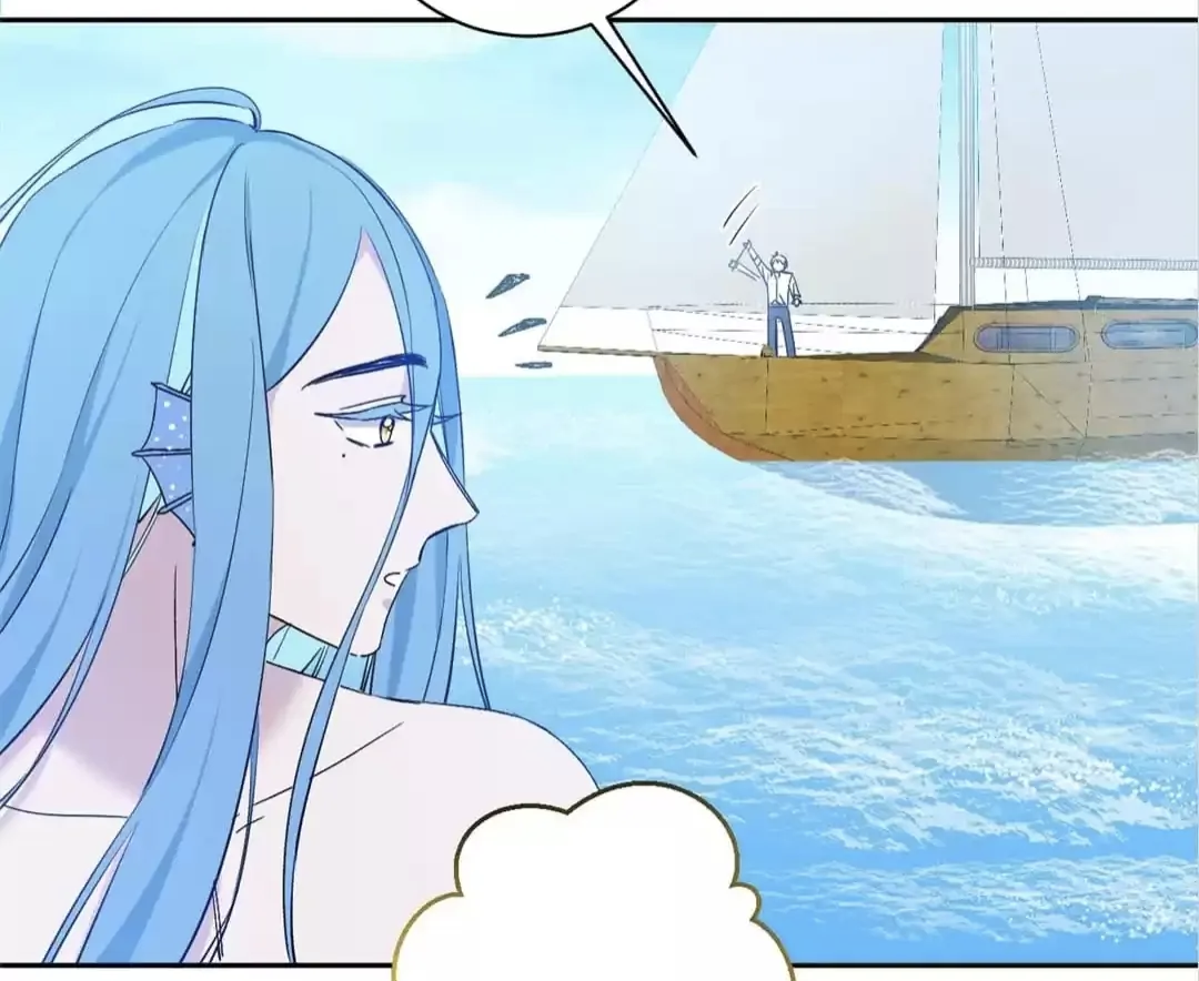 the image shows a mermaid with long, flowing blue hair looking towards a sailboat on the ocean.  the mermaid is depicted from the shoulders up, showing her beautiful face and a small portion of her tail. the sailboat is in the distance, with a person visible on the deck.  there's a thought bubble near the mermaid, suggesting internal monologue or contemplation. the art style is reminiscent of anime or manga, with soft, pastel colors and a focus on expressive lines and character design. the overall scene is peaceful and evokes a sense of wonder and mystery.