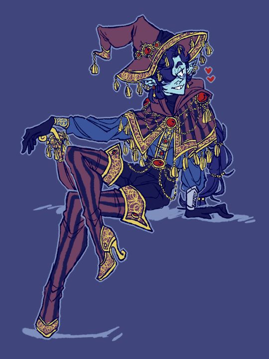 this illustration features a fantasy character with blue skin and long dark hair. they are dressed in elaborate clothing, including a purple hat with gold trim and tassels, a blue and gold cloak, a gold belt, and striped pants. the character is wearing boots with gold trim. they are also holding a jeweled dagger. the character is smiling and appears to be confident and playful. the background is a solid blue.