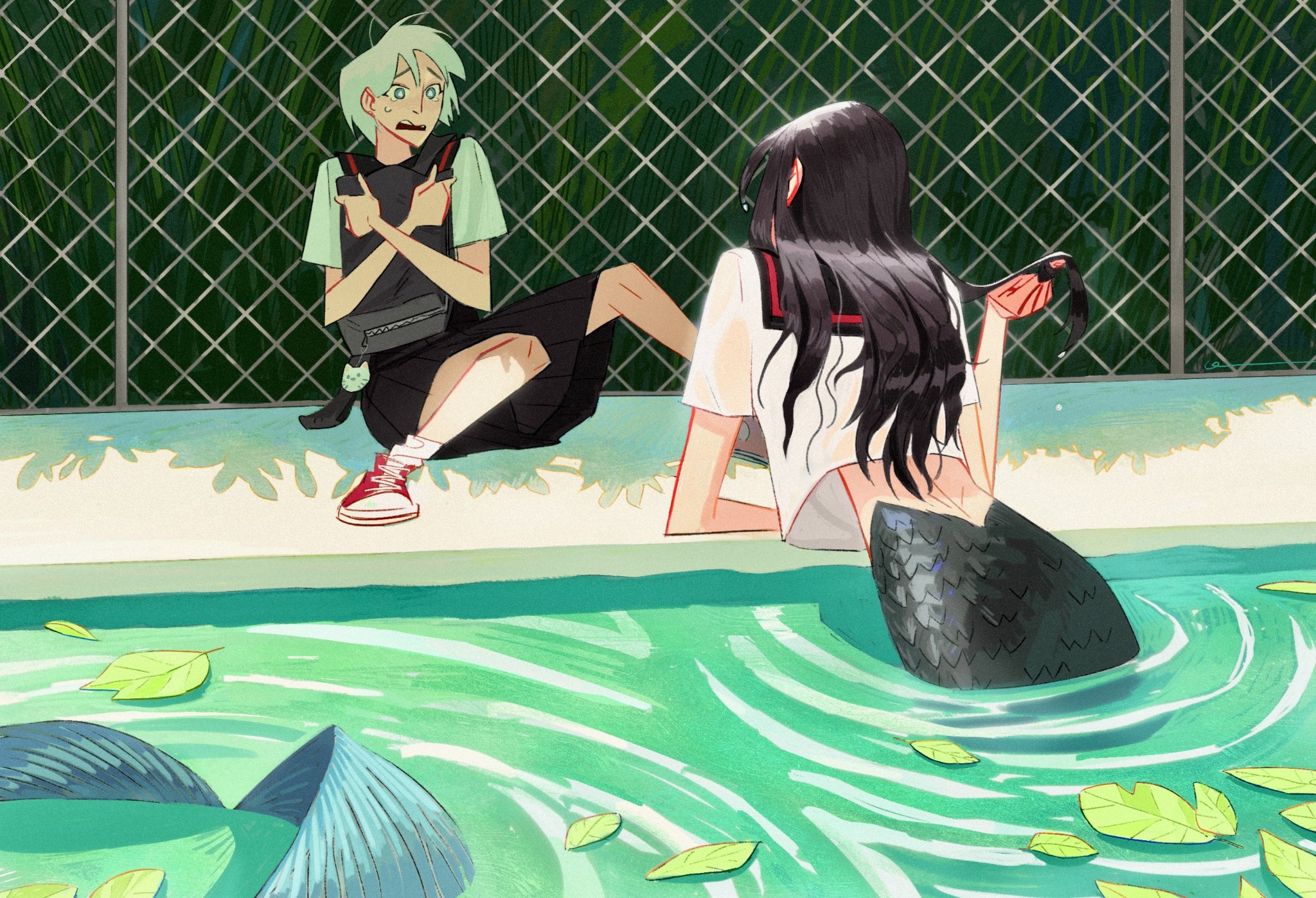 this is an anime illustration of two girls hanging out by a pool. the girl on the left is wearing a green shirt and a black skirt and has red shoes on. the girl on the right is a mermaid, she is wearing a white shirt and has her black tail in the water. the girl on the left appears to be shocked or surprised. there are some leaves floating on the surface of the water.