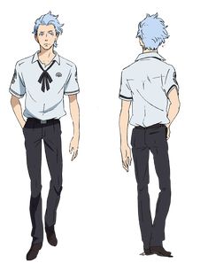 a front and back anime character design sheet, featuring a thin, paleskinned young man with spikedup light blue hair. he's dressed in a stylized school uniform with a white shortsleeved shirt, dark pants, and black shoes. his shirt has a dark collar with a tied necktie and a small emblem on the chest.