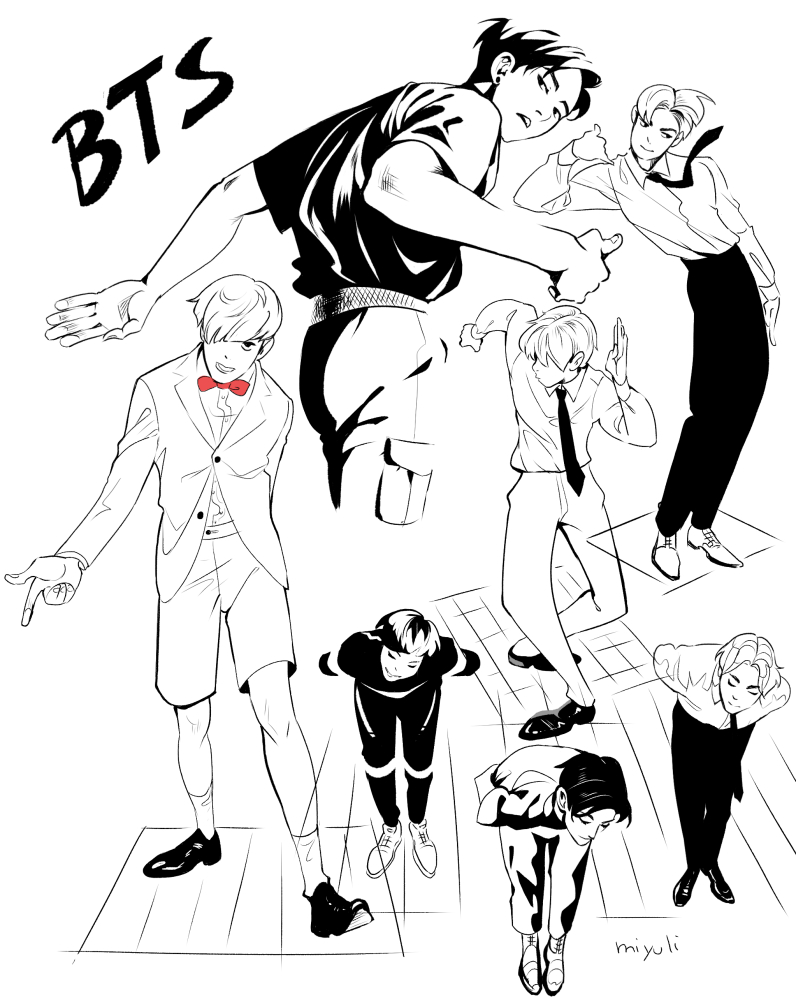 the image is a black and white illustration of the south korean boy band bts. the seven members are drawn in dynamic poses, suggesting they are dancing. each member is somewhat stylized, but their individual features are still recognizable. the style is reminiscent of comic book art, with bold lines and dramatic perspective. the band's name, "bts," is written in large letters at the top left corner.