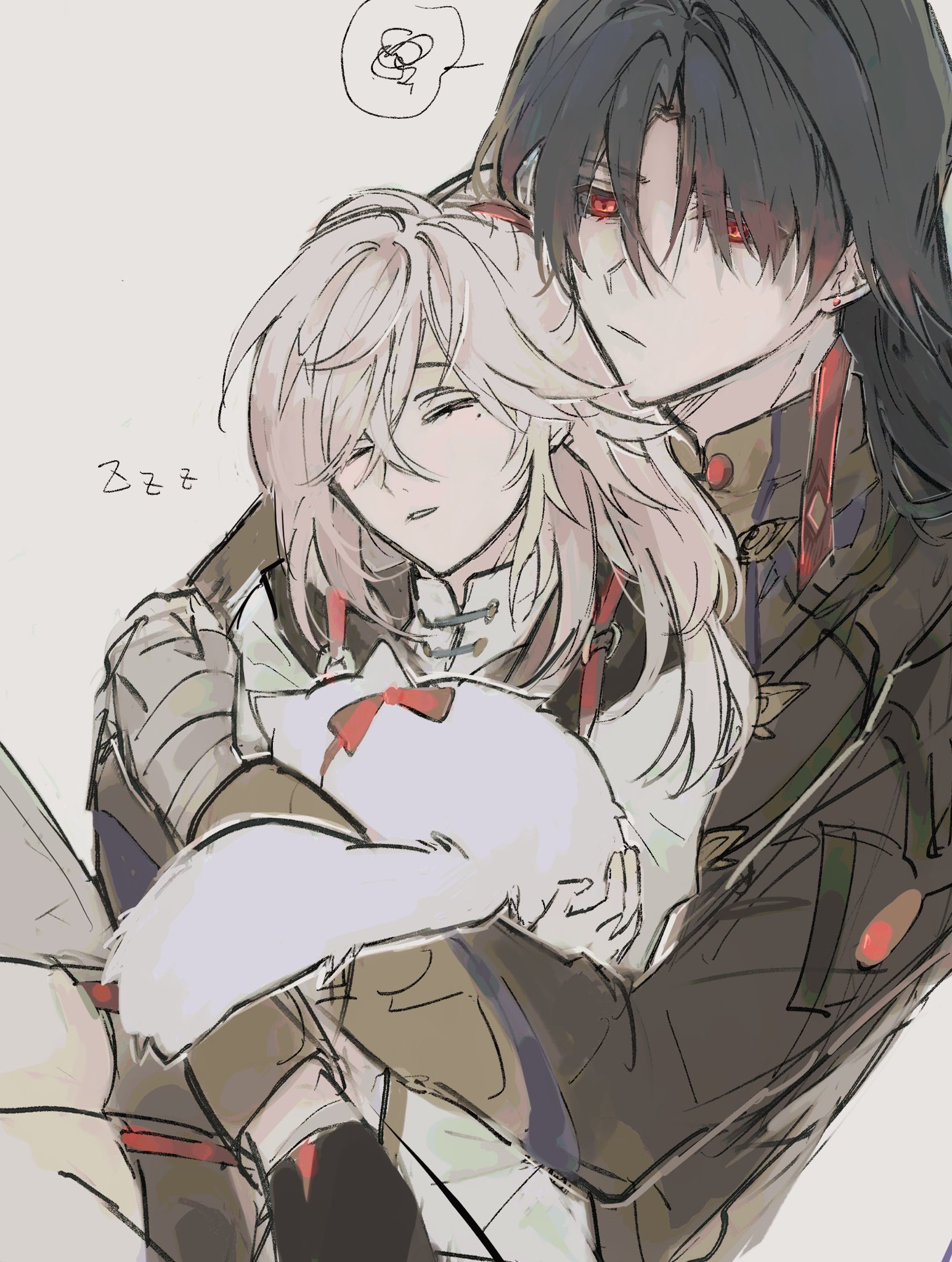 the image is an animestyle sketch of a couple hugging. the female character has white hair and is wearing a white and red outfit and she is leaning her head on the male character's chest, with her eyes closed. the male character has black hair and red eyes, and he is wearing a dark brown jacket with red details,  he is looking down at the female character. the background is white with a thought bubble in the upper left corner. the image suggests a romantic relationship.