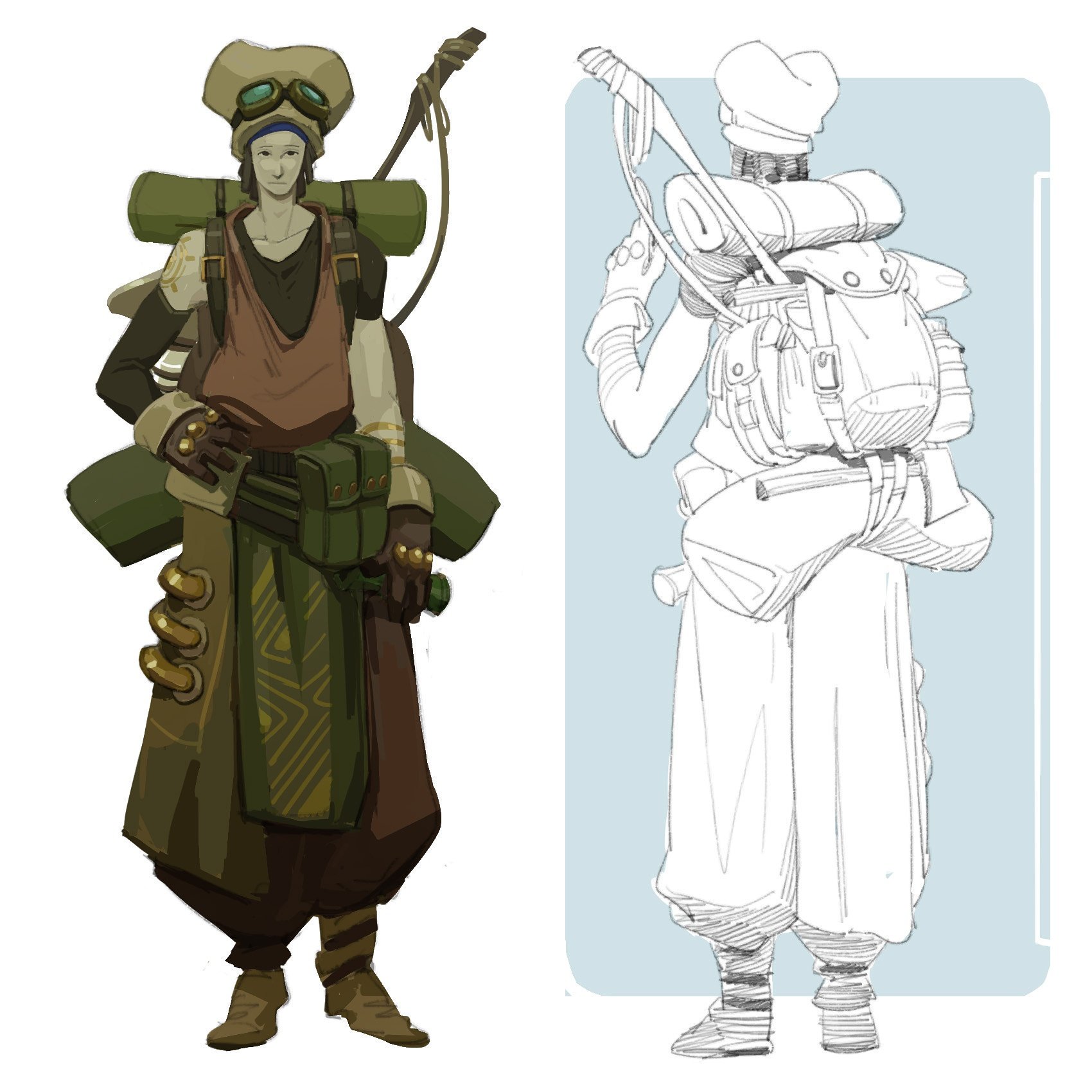 the image showcases a character design in two stages: a colored illustration and a lineart sketch. the character is a traveler, possibly an explorer, adorned with a large backpack, goggles, and a hat. they are depicted in a dynamic pose, showcasing their adventurous spirit. the colored version adds depth and visual appeal, while the lineart provides a clean and structural base. the sidebyside comparison allows viewers to appreciate the design process and the evolution from sketch to finished artwork.