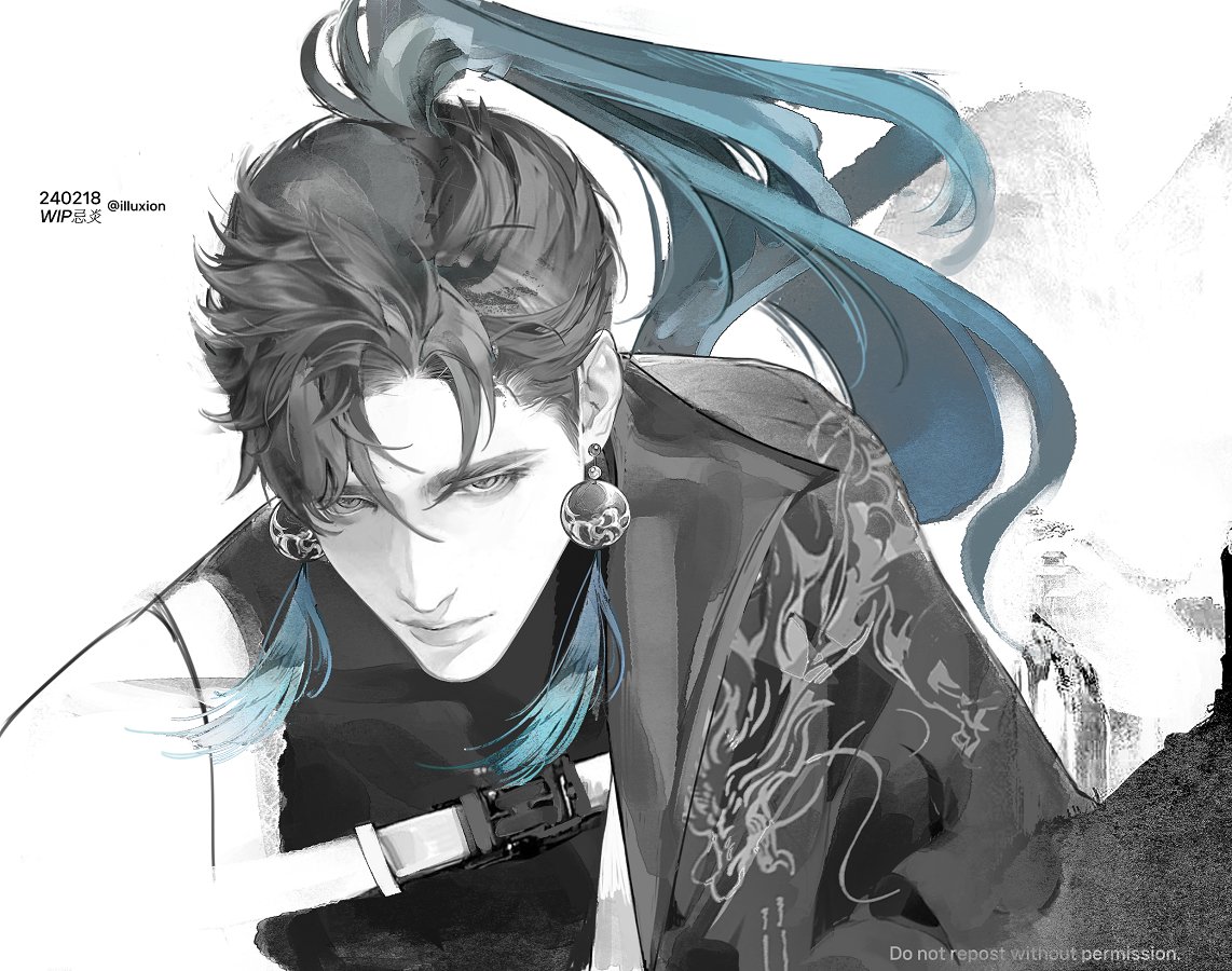 this is a monochrome portrait of a handsome anime man, with long blue hair tied up in a ponytail, wearing a black robe decorated with a dragon design. he has a serious expression and is looking straight ahead.  the drawing is in progress, and there are some unfinished lines and areas.