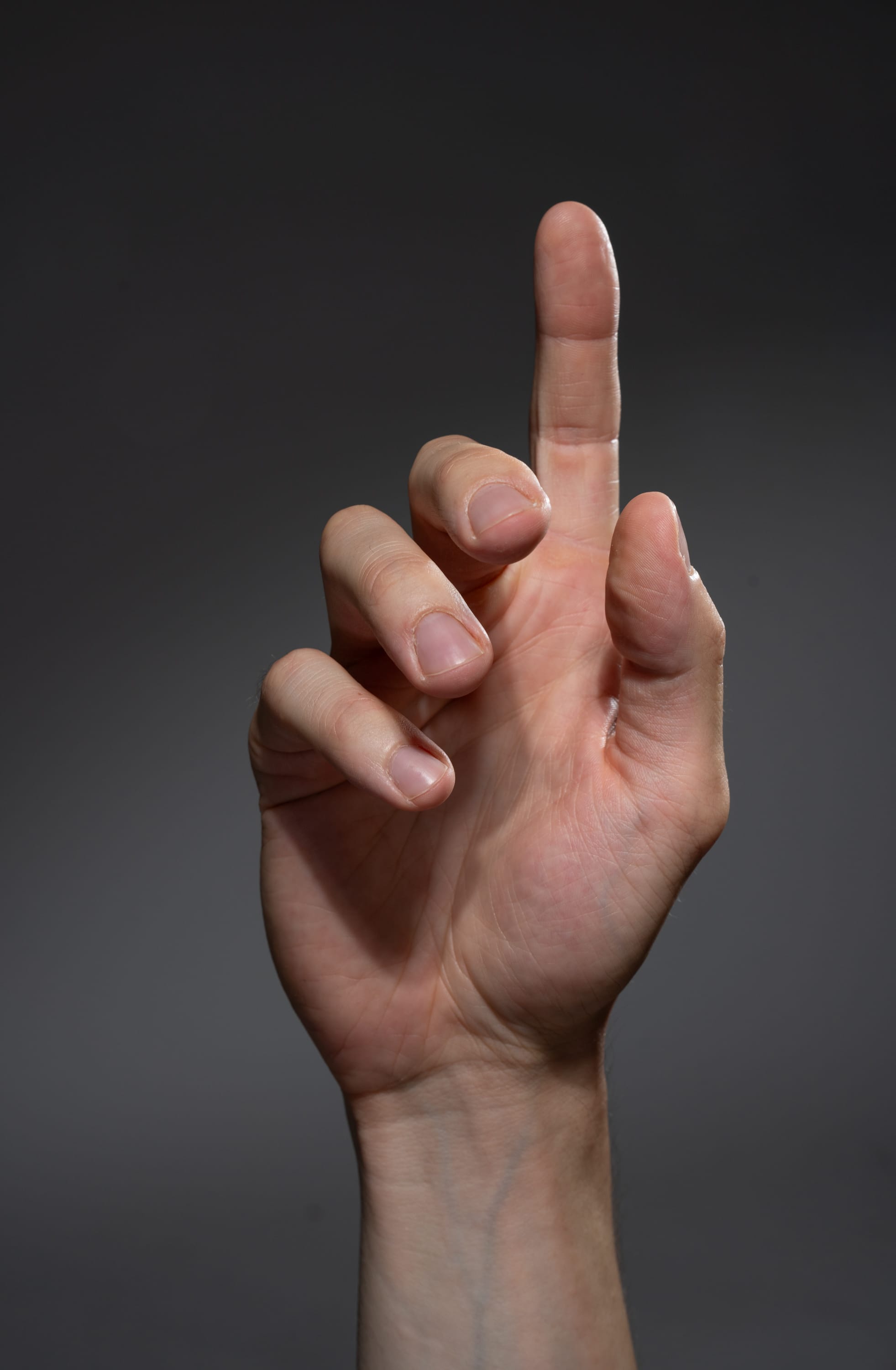 a man's right hand is extended with the index finger pointing upwards. the background is a neutral gray. the image focuses on the details of the hand's structure, including wrinkles, lines, and the texture of the skin. the lighting is bright and emphasizes the hand's shape and form.