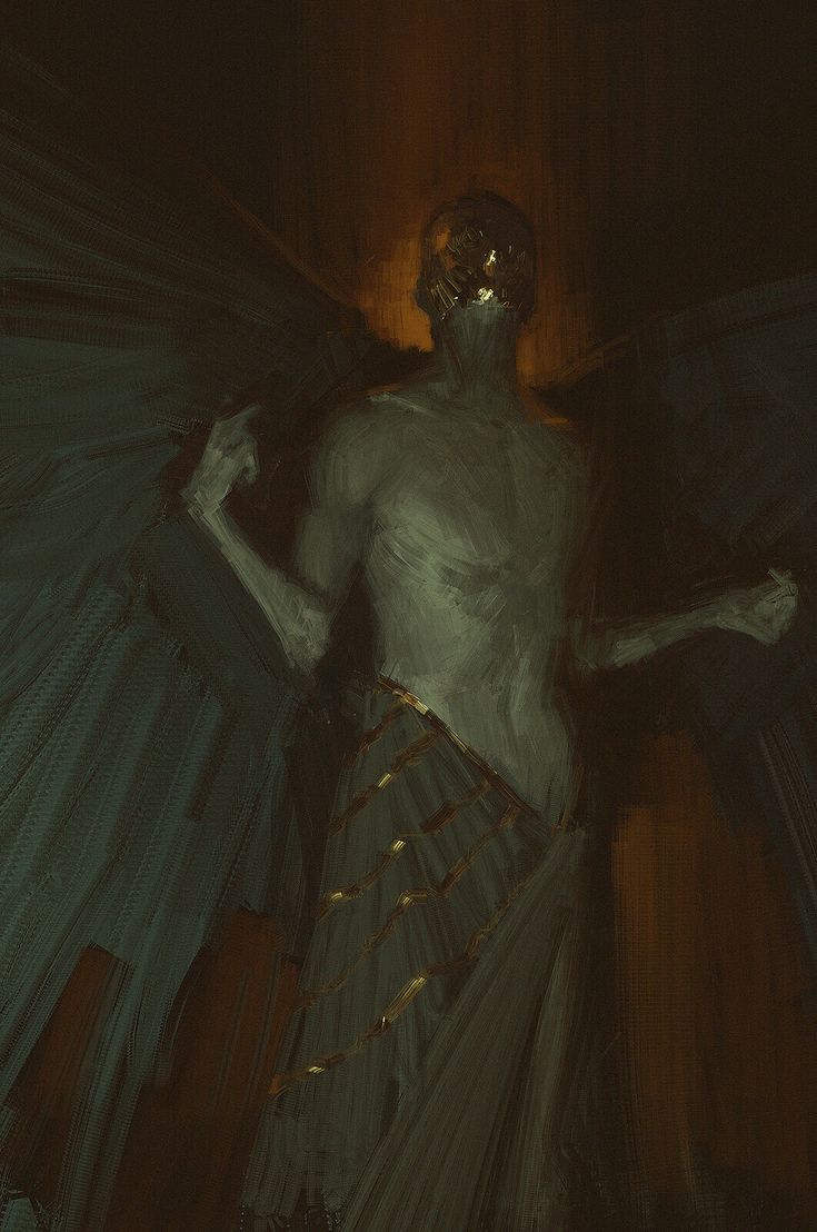 an image of an angel with large wings, painted in a dark, abstract style. the angel is depicted as a shadowy figure with a masked face, glowing with an eerie light. the background is filled with dark, swirling shadows that suggest an otherworldly setting.