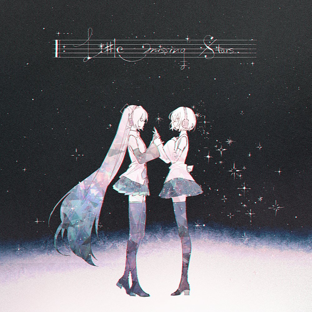 the image features two anime girls standing close to each other in a starry background with musical notation at the top. both girls are wearing headphones, skirts, boots, and stocking. one girl has long twin tails with a galaxylike pattern, while the other has short hair. the title "little missing stars" is written in elegant script above them. the background is filled with stars and a horizon.