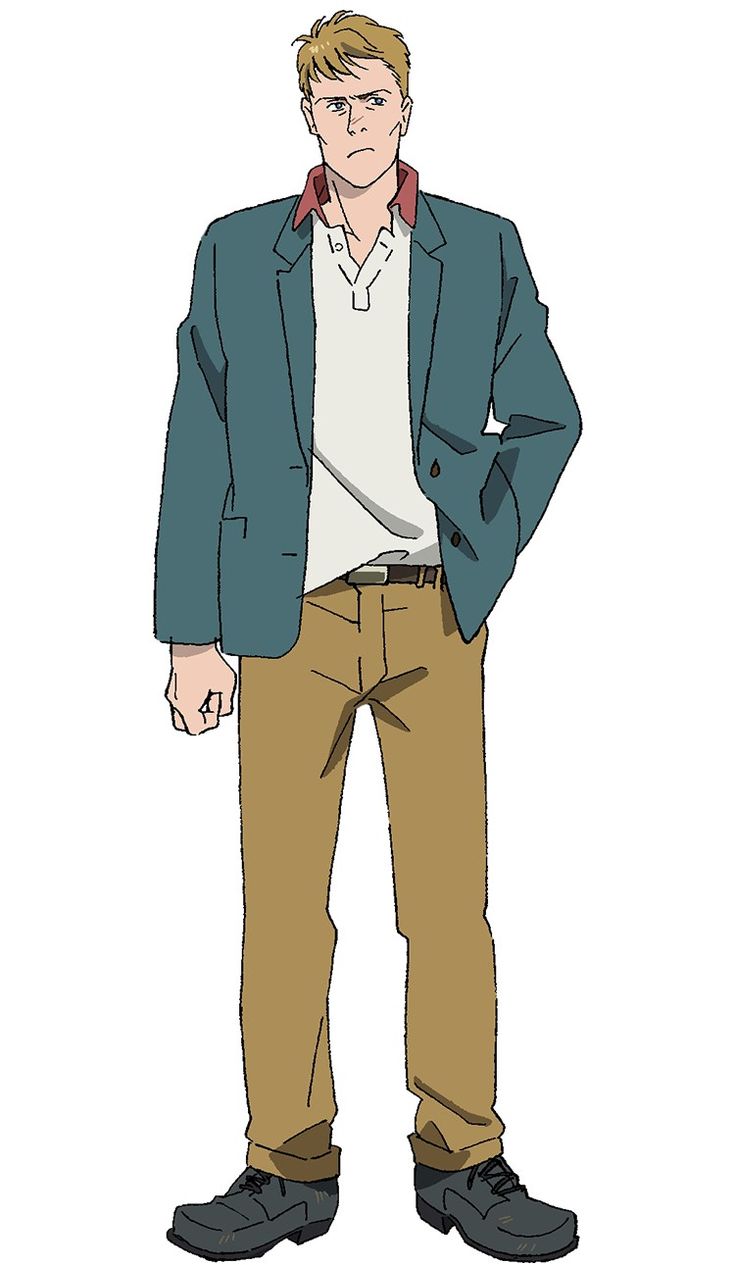 an animestyle male character with short blonde hair, wearing a blue jacket, white polo shirt, brown pants, and black shoes. he has a serious expression on his face and is standing in a casual pose with one hand in his pocket.
