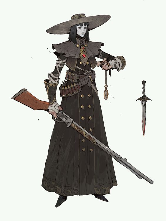 a female character design inspired by western and fantasy themes. she is wearing a long dark coat over a buttoned dress or robe, and a widebrimmed hat. she is holding a rifle in her right hand, and a pocket watch hangs from her left hand. she has a holster with shotgun shells on her chest. a sword is positioned beside her. she is depicted against a plain white background.