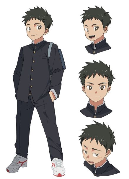 a digital illustration of a young male anime character in a black school uniform with white trim. he is depicted in various poses and expressions. the background is plain white.