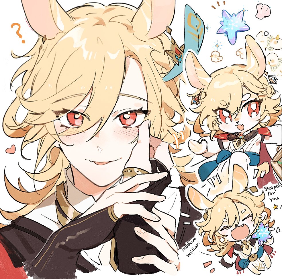 this is an animestyle illustration of a male character named alhaitham from the video game genshin impact. he is depicted in a cute and chibi style, with a blush on his cheeks and a mischievous smile. he is holding his hand up to his face, as if he is thinking or shy. there are other smaller versions of the character, drawn in a similar style, around him, suggesting that he is looking at them or that they are all part of the same story. the overall style of the artwork is playful and lighthearted.