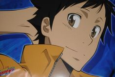 the image features an anime boy with spiky brown hair and brown eyes, wearing a yellow jacket. he is set against a blue background with light streaks, creating a dynamic and vibrant feel. the closeup perspective emphasizes his cheerful expression and adds a sense of intimacy. the style of the drawing is characteristic of japanese anime and manga, with large eyes and exaggerated features.