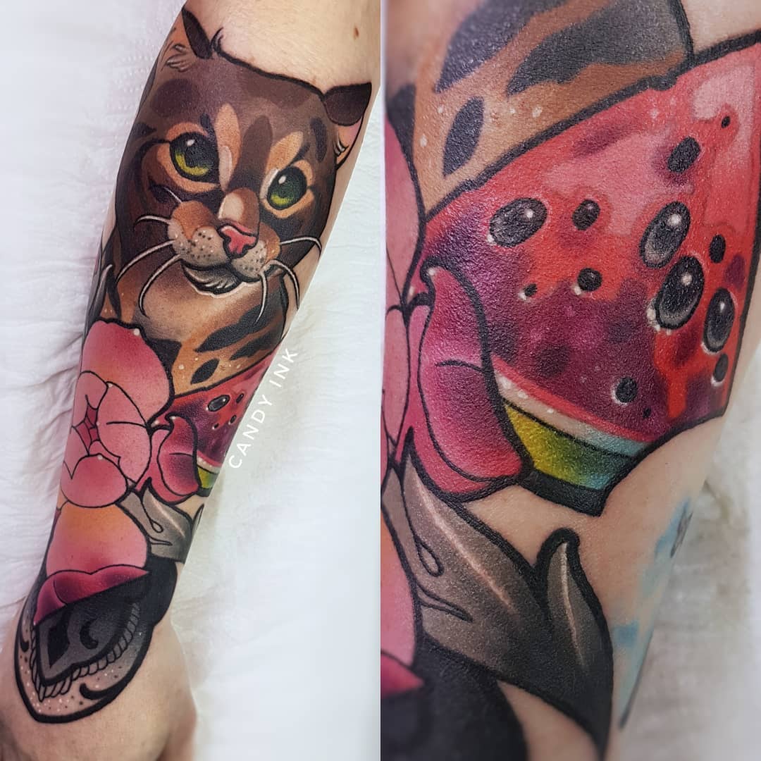 a twopart image of a neo traditional tattoo of a cat, flowers, and a watermelon on someone's left forearm.  the image on the left shows the cat and flowers while the image on the right shows the watermelon.