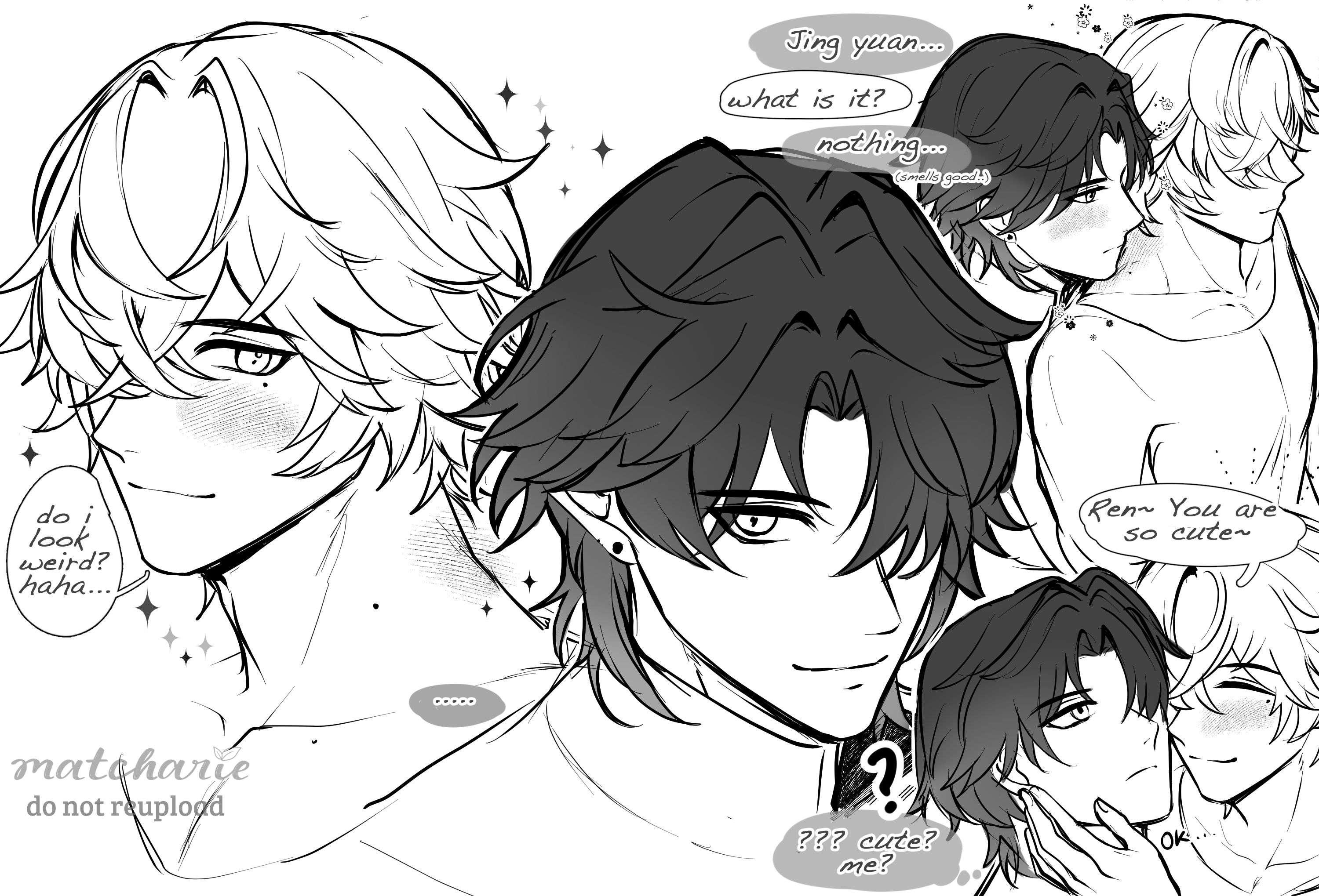 this is a black and white image of two anime boys. they are looking at each other and seem to be very close. the boy on the left has his arm around the boy on the right's shoulder. both boys are blushing and smiling. there are thought bubbles above their heads with text in them. the