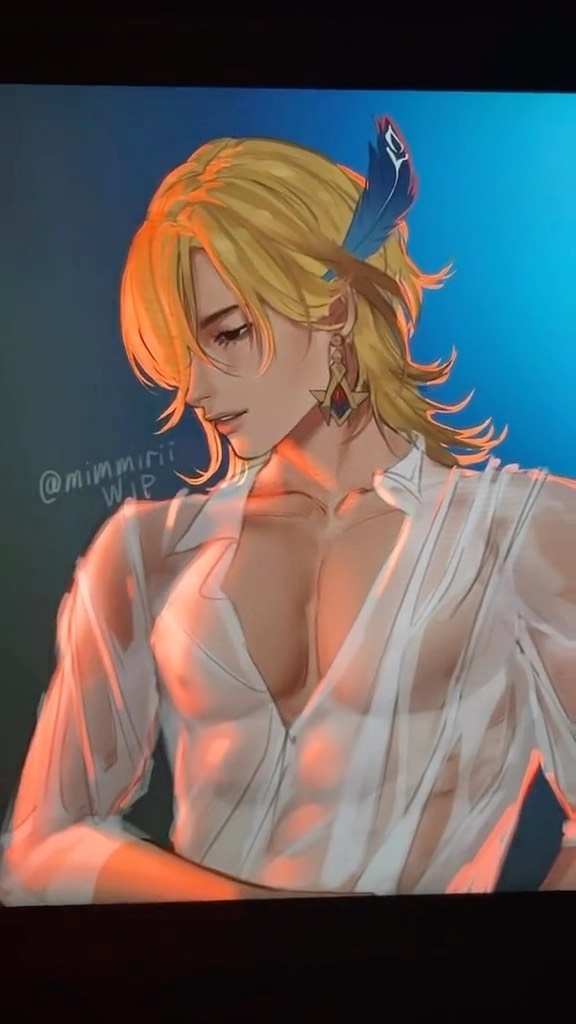 he image is a digital painting or illustration of a young, handsome animestyle male character. he has long blond hair styled with a blue feather ornament. he's wearing a sheer white shirt that reveals his muscular physique. the artwork is welllit with orange hues highlighting his chest and torso.  the artist's watermark is visible in the corner, indicating it's a work in progress (wip). the overall style is elegant and suggestive.