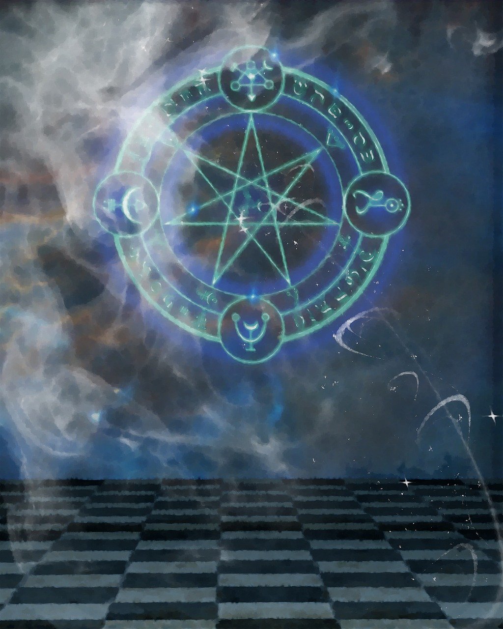a mystical scene featuring a glowing green magic circle with a pentagram in the center, surrounded by symbols and lettering. the circle is set against a backdrop of blue and cloudy smoke, with stars scattered throughout. the foreground features a black and white checkered floor, suggesting a ritualistic or supernatural setting.