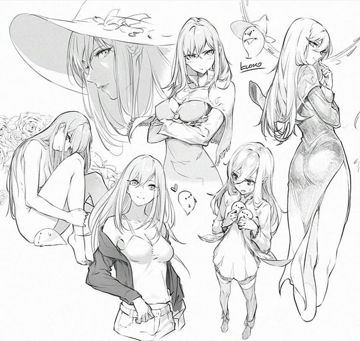 the image is a sketch collection featuring various poses and outfits of animestyle female characters. it shows different character designs in pencil drawing with long hair, some wearing hats, casual clothes, and dresses. the characters exhibit different expressions and are depicted in standing and sitting positions.
