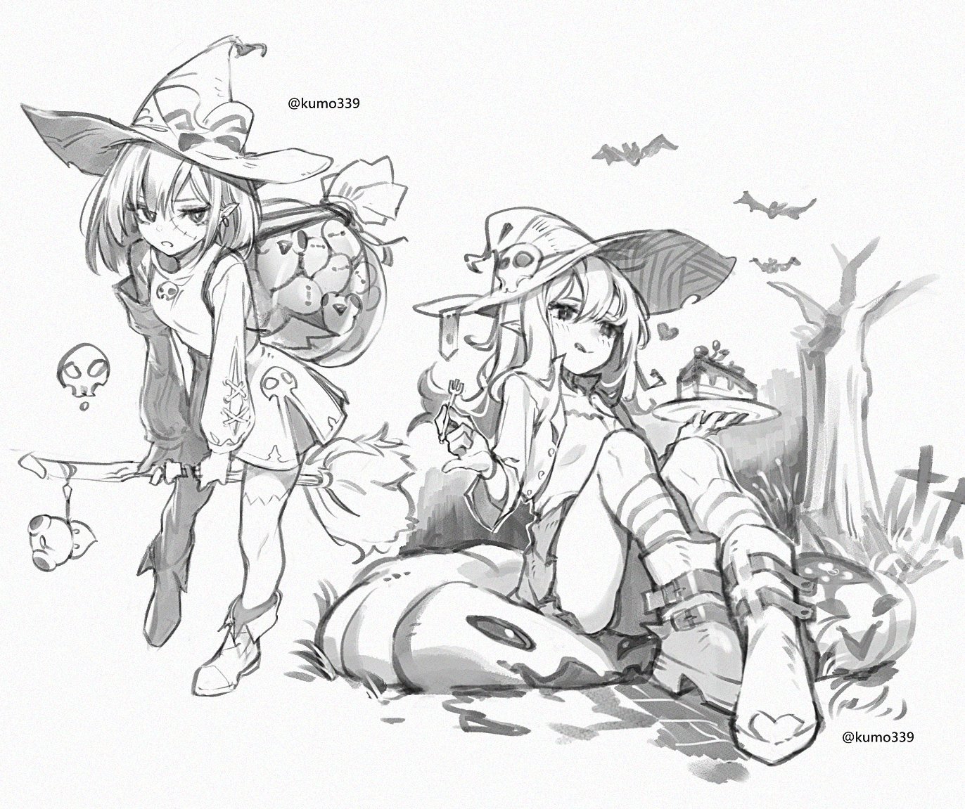 two anime/mangastyle witches. the witch on the left stands and carries a broom. a skull hangs from the broom. she wears a widebrimmed hat with a skull, as well as a dress with skulls. on her back is a bag of sweets. the witch on the right sits on a pumpkin and enjoys cake. she also wears a widebrimmed hat with a skull and striped socks with boots. behind her are bats, trees, and tombstones.