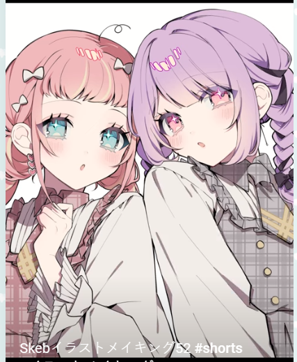 the image showcases a drawing of two animestyle girls. the girl on the left has pink hair styled in low twin tails with bows, large blue eyes with prominent highlights, and a gentle expression. she wears a white, frilly top. the girl on the right has purple hair styled in braids, similar large blue eyes that convey slight sadness or concern, and she wears a white shirt with a plaid vest. the style emphasizes cuteness with large eyes, soft features, and a pastel color palette.