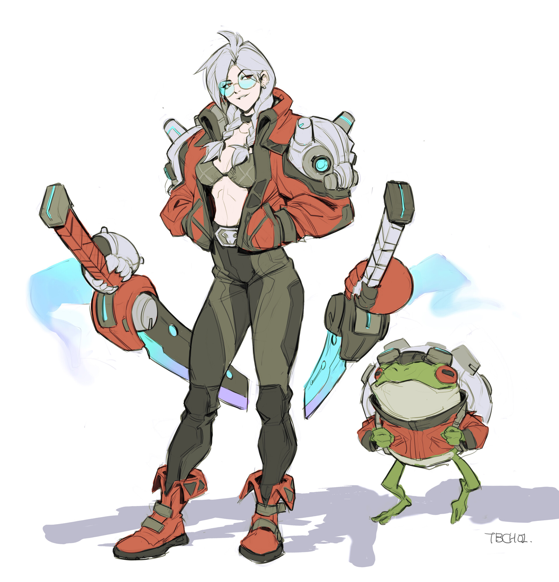 the image shows a digital drawing of a female anime character in cyberpunkstyle attire.  she is wearing a red jacket with futuristic armor elements, dark pants, and red boots. she carries two futuristic katanas. a small froglike creature wearing a matching red jacket stands beside her. the art style is sketchy and dynamic, indicative of concept art or character design. the overall mood is futuristic and slightly edgy.