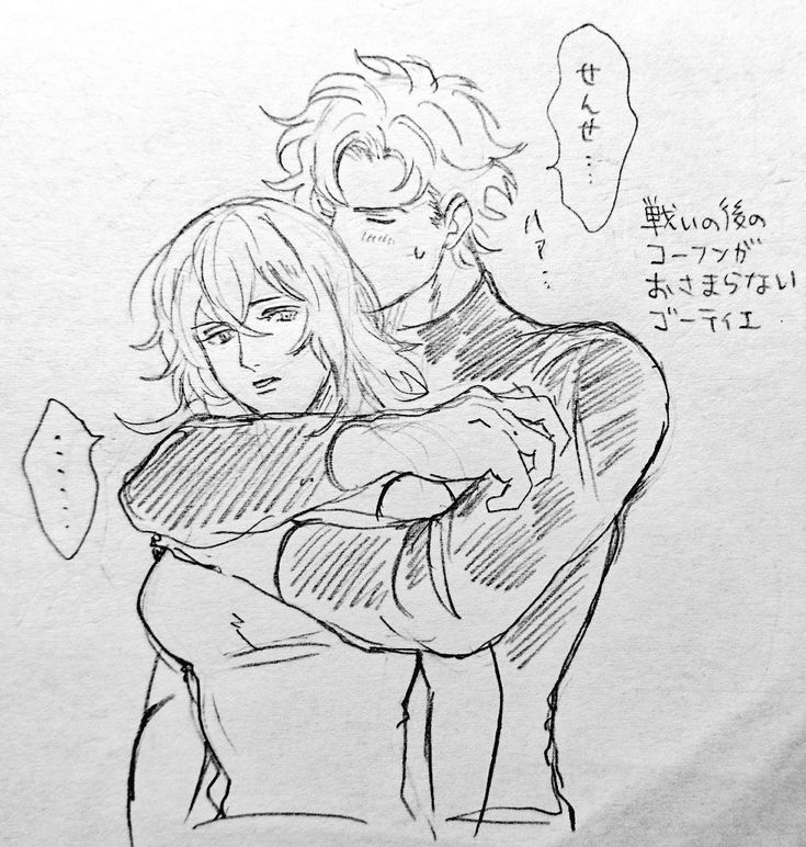 a black and white sketch of a couple in an embrace. the male character is taller and has his arm around the female character's shoulders. the female character has her head leaning on the male character's shoulder, and they both appear to be smiling. the sketch is done in a simple style, with some hatching to show shading. the background is blank, so the focus is entirely on the couple. the image is likely from a manga or anime, and suggests a romantic relationship between the characters.