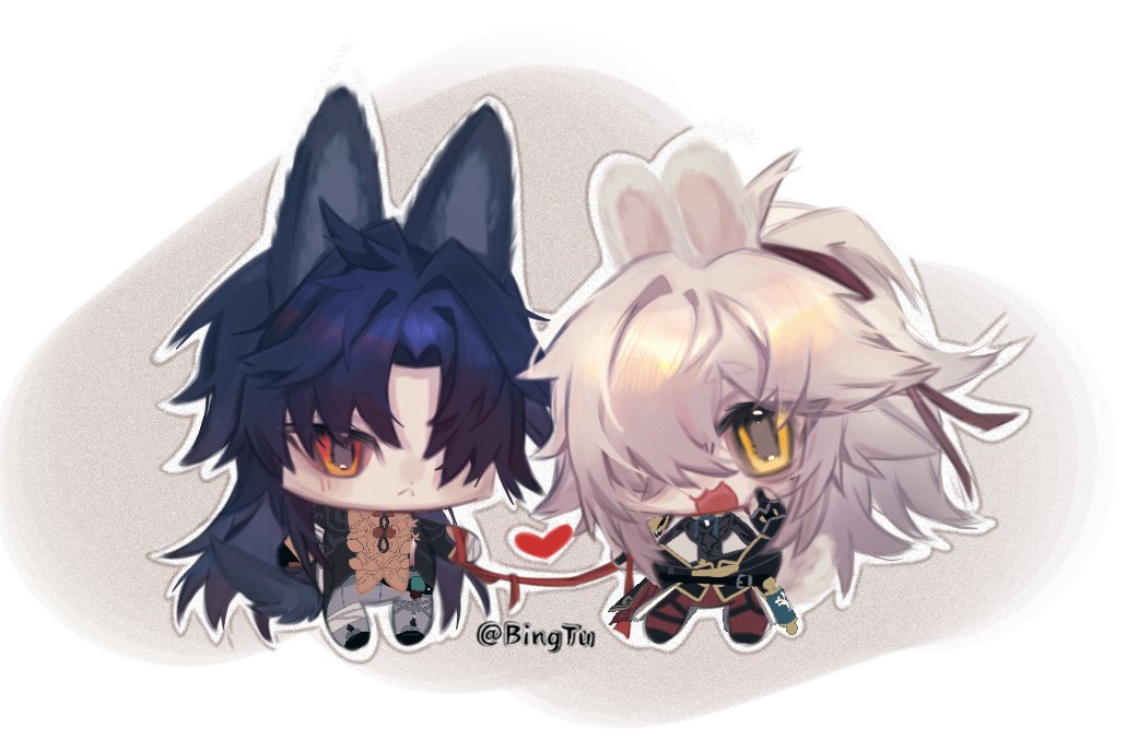 this is a digital art piece of an anime couple. the boy has wolf ears and black hair, while the girl has bunny ears and white hair. they are both drawn in a chibi style and are holding a red string together. the background is a simple light grey.