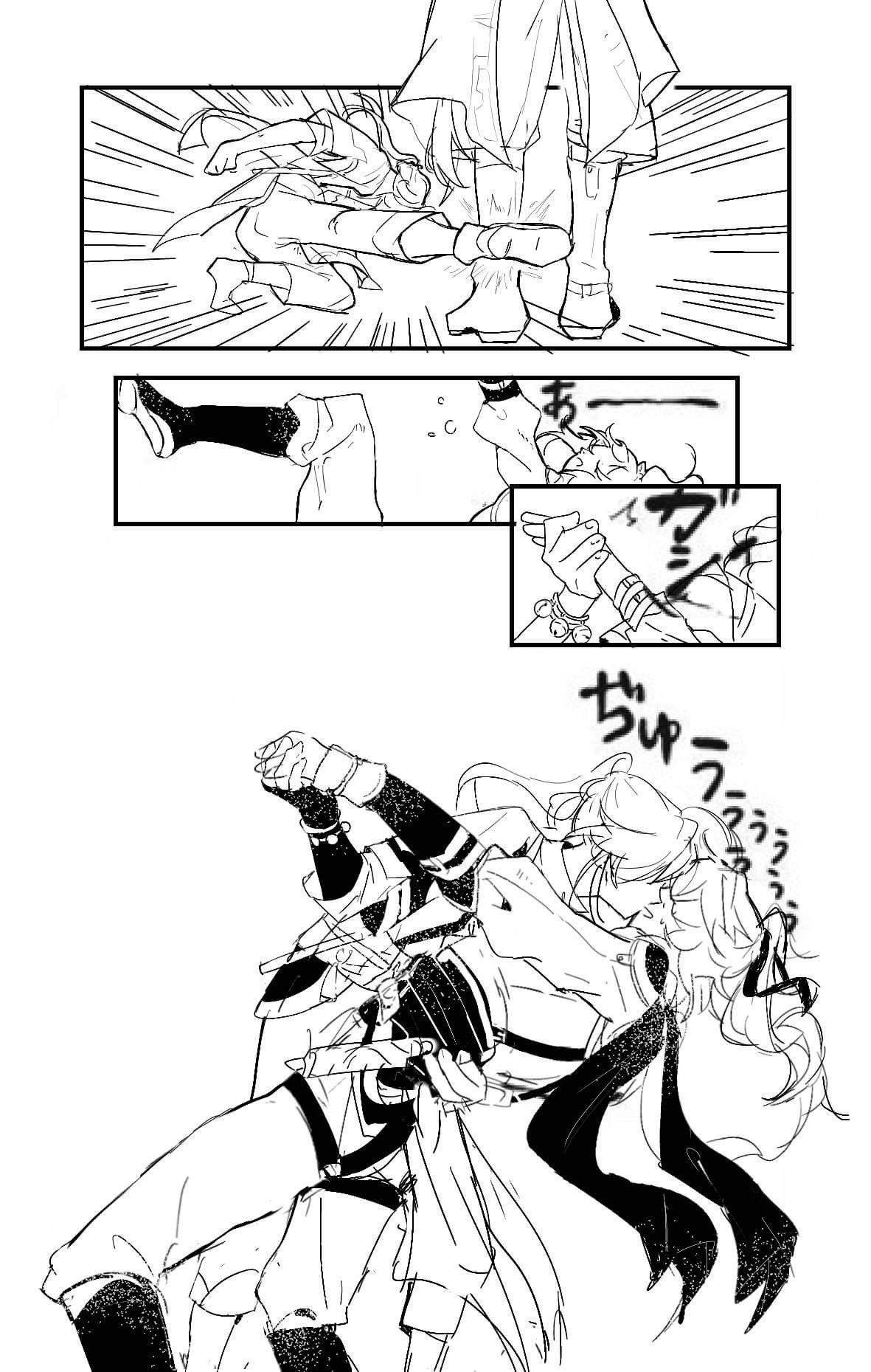 the image is a black and white manga panel featuring a fight scene.  there are four characters in the image.  the first panel shows a woman with long, flowing hair attacking a man in the air. the second panel shows a man with short, spiky hair attacking another man with long, flowing hair. the third panel shows the man with long, flowing hair counterattacking the man with spiky hair.  the fourth panel shows a man with short, spiky hair holding his sword up in the air as he charges towards the man with long, flowing hair.  all of the panels are filled with dynamic lines and action, showing that the characters are moving quickly and powerfully.  the overall image is very exciting and suspenseful.