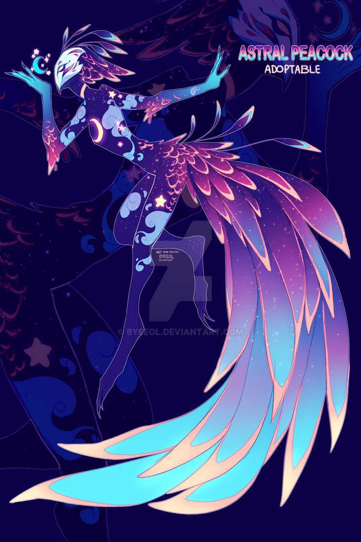 the image is a digital illustration of a fantasy creature called an "astral peacock." the creature has a humanoid form with avian features and is decorated with celestial motifs like stars, moons, and clouds. it has a masked face and a long tail made of large, vibrant feathers that transition from purple to blue. the creature is surrounded by a dark blue background with further celestial patterns and has an ethereal and magical appearance. the text "astral peacock adoptable" is visible in the upper right corner, suggesting this is a character design available for adoption. the artist's name, byseol, is visible at the bottom.