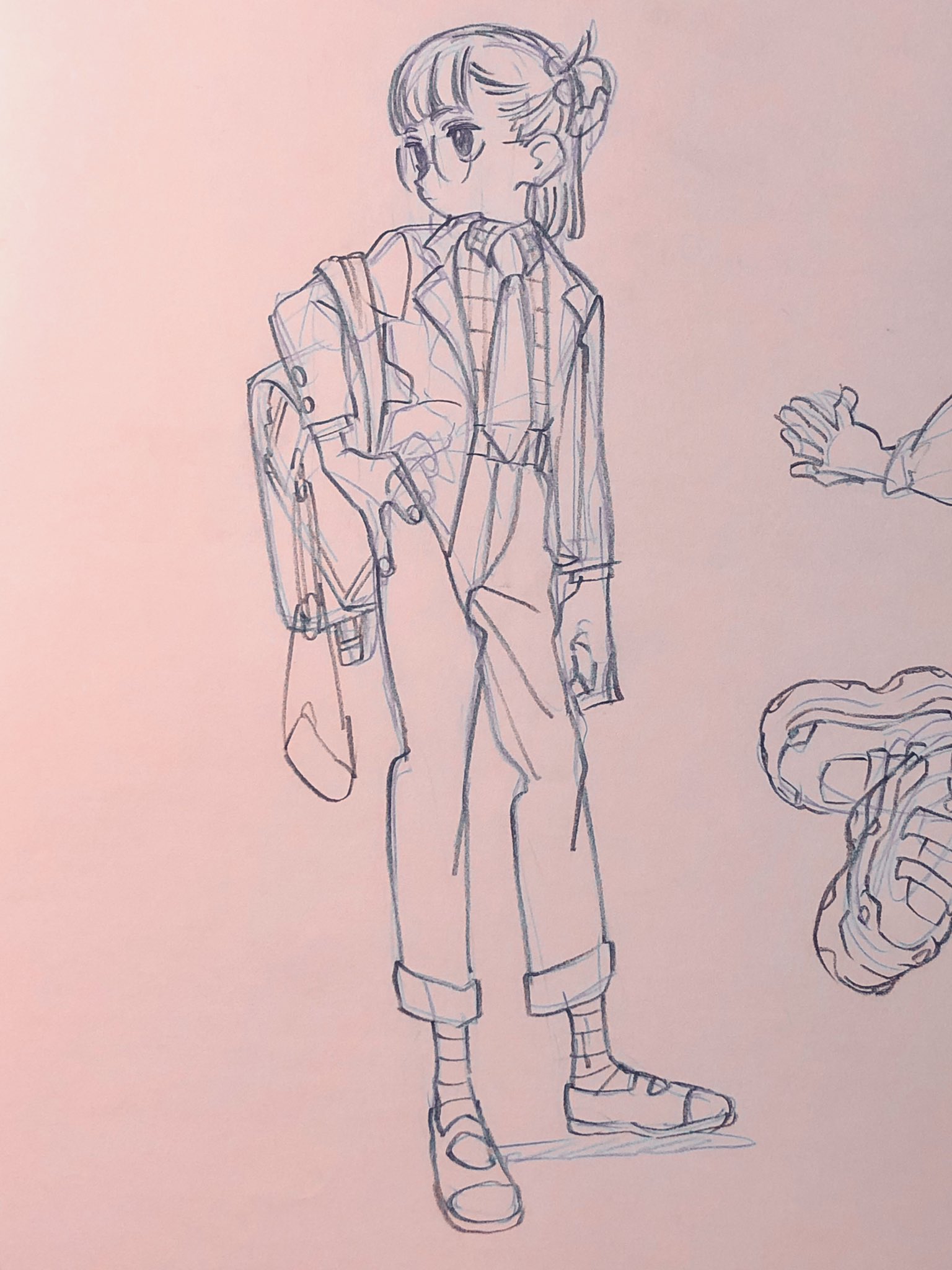a loose, fullbody sketch of a person in stylish clothing. they are wearing a blazer, a tie, a buttonup, slacks, and loafers. they are carrying a jacket and a tote bag. the drawing is done in blue ink on pink paper.