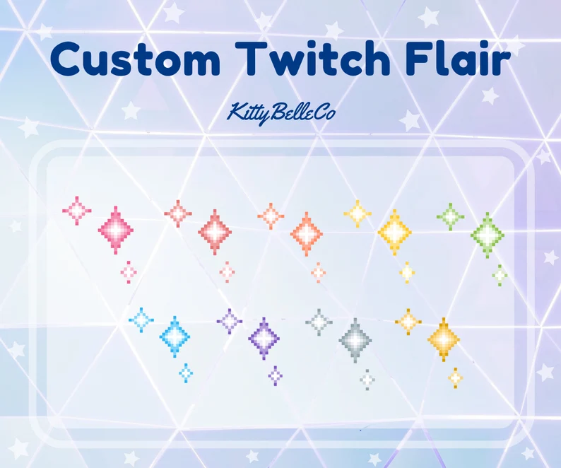 the image shows 15 sparkling pixel art shapes of the same style, arranged in three rows of five shapes. the shapes in each row share a common color palette while the hue changes gradually from left to right in a rainbow fashion. each shape is a fourpointed star with an inner smaller star at its center. all shapes appear against a white background overlaid with a pattern of faint, intersecting diagonal lines. above the shapes is the title "custom twitch flair" in blue, and below it is the text "kittybelleco" in purple.