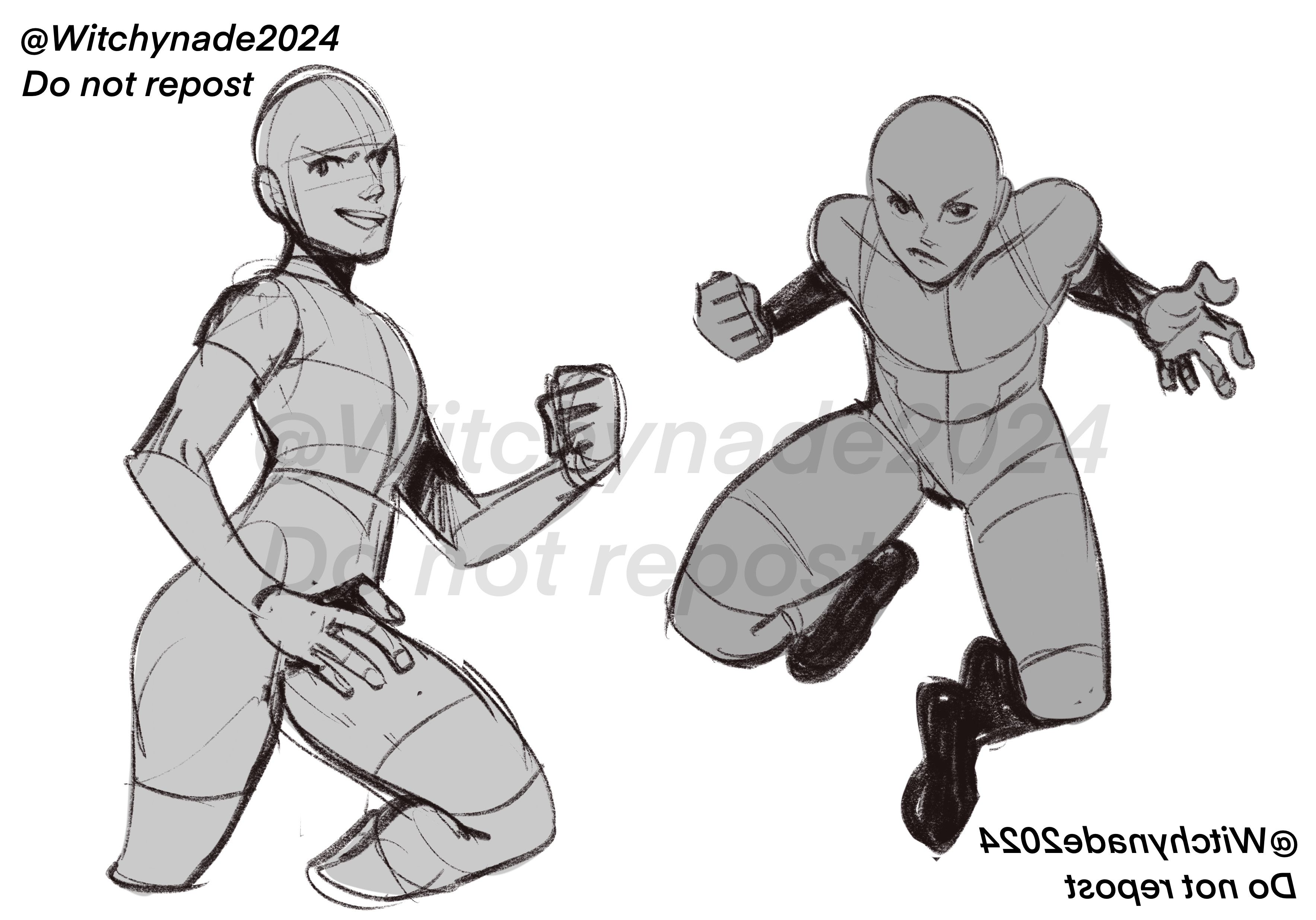 the image contains two grayscale sketches of stylized human figures. the figure on the left is drawn in a crouched pose, and the figure on the right is depicted midaction. both figures appear to be in the process of character design, with basic shapes and forms defining their anatomy. the style is loose and dynamic, suggesting movement and action. watermark text "do not repost @witchynade2024" is visible throughout the image.
