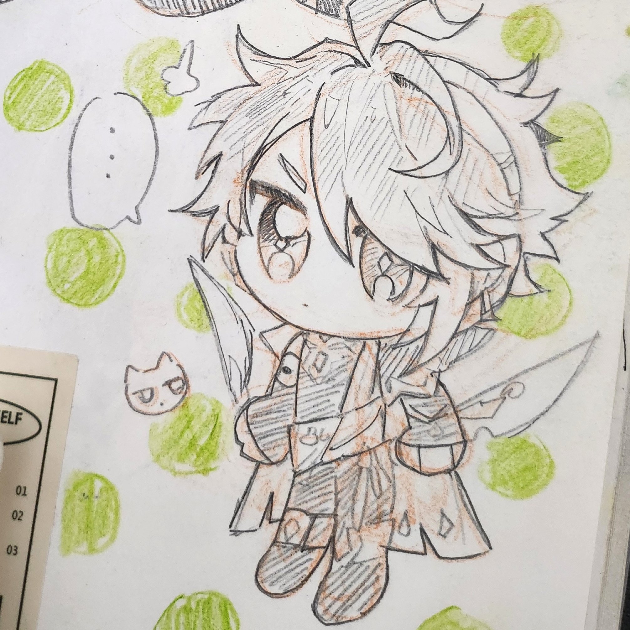 this is a pencil sketch of an animestyle boy. he has  big eyes and a cute smile. he is wearing a jacket and holding a  weapon.  the drawing is on paper with a dotted background.