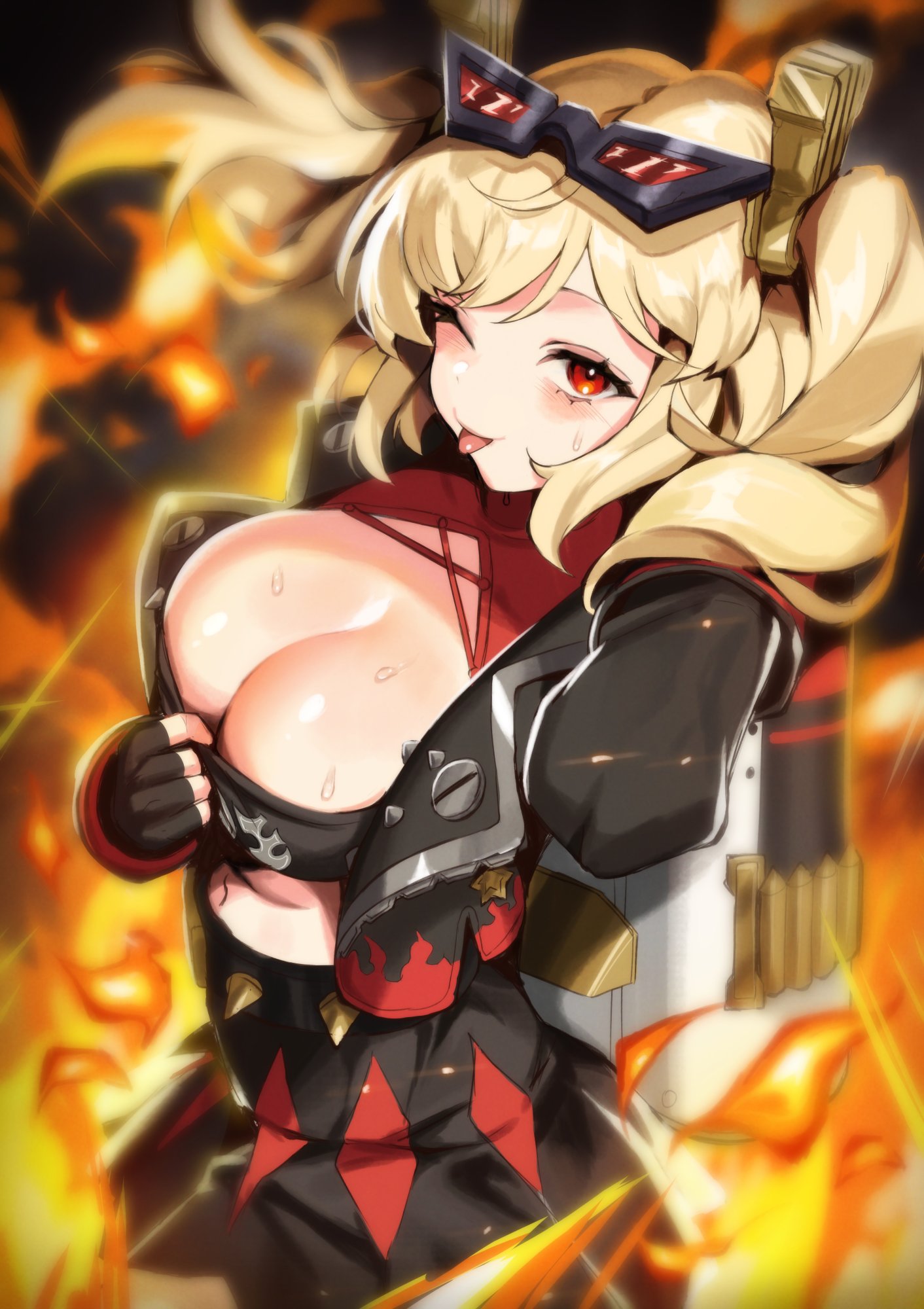 an anime girl with blonde hair and red eyes is posing in a sexy way. she's wearing a black and red uniform with a gun strapped to her back. there's a lot of fire surrounding her, which is likely from her weapon. she looks fierce and ready for battle.