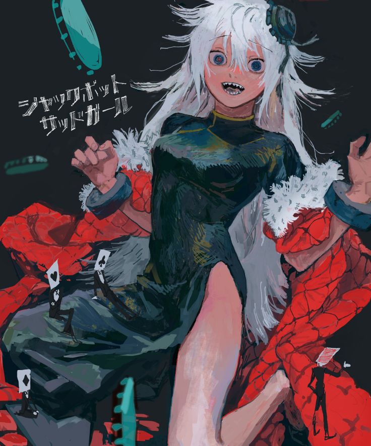 the image is a vibrant digital painting or illustration in an anime/manga style. it depicts a young woman with long, flowing white hair, wearing a dark, almost black, dress with fur trim around the shoulders and cuffs.  the dress has a somewhat qipaolike silhouette.  she has a mischievous, almost unsettling expression with wide eyes and a slightly open mouth. she is dynamically posed, seemingly midaction, with her arms outstretched and legs slightly bent, suggesting movement and energy.  the background features various playing cards and what looks like casino chips swirling around her, suggesting a connection to gambling or a casino setting.  the overall style is abstract and textured, with a blend of sharp lines and soft brushstrokes.  there are additional figures partially obscured in the background, possibly other characters or elements in a scene, adding to the complexity of the artwork.  japanese text is visible, possibly a title or description, near the upper left. the color palette is rich with contrasting dark tones and pops of red.
