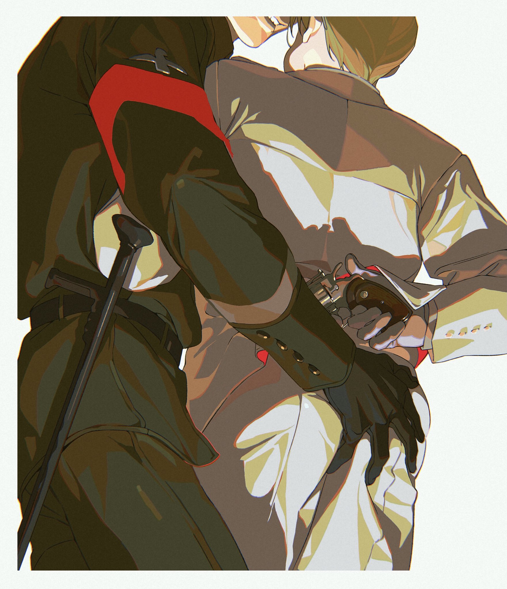 an illustration of two men kissing. one man is wearing a dark military uniform with red accents and is holding a sword. the other man is wearing a white suit and is holding a gun behind his back. they are both embracing.