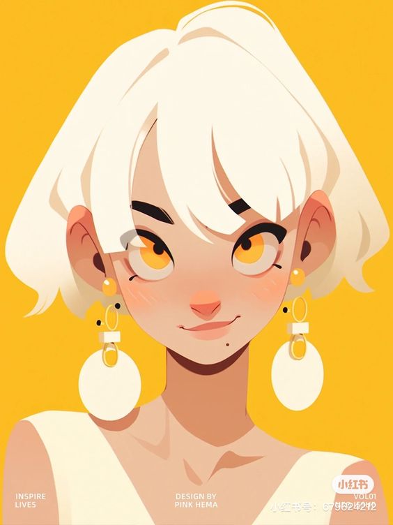 the image is a digital illustration of a young woman with short, blonde hair.  she has large, expressive goldenyellow eyes and is wearing large, circular, offwhite earrings with yellow accents. her skin tone is lighttan, and she has a gentle, pleasant expression. the background is a solid, bright yellow color. the style is minimalist and clean, characterized by simple shapes and bold colors, suggesting an anime or cartoon influence.  there is text at the bottom indicating the artist (pink hema), a design credit ("inspire lives"), and other text in a different language.  the overall mood is cheerful and positive.