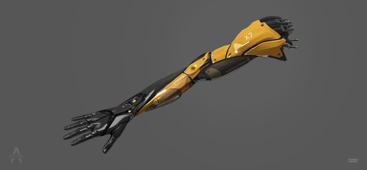 the image shows a detailed rendering of a prosthetic arm. the arm has a metallic appearance with a combination of yellow and black components. the hand is black and appears robotic. the upper arm section is predominantly yellow, and labeled "x7". the design suggests advanced technology and a futuristic concept.