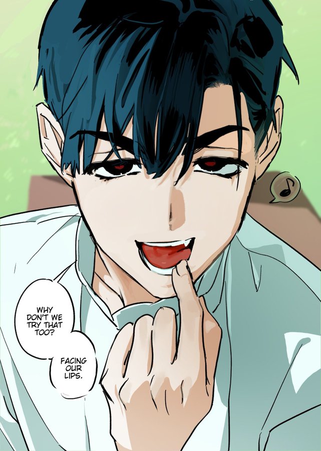 loseup illustration of a young animestyle boy with dark teal hair and red eyes. he has a playful, flirtatious expression, with his lips slightly parted in a smirk, and his fingers touching his lips. he's wearing a light teal shirt or jacket. speech bubbles with text indicate a suggestive conversation: "why don't we try that too?" and "facing our lips." the style is reminiscent of a webtoon or manga.