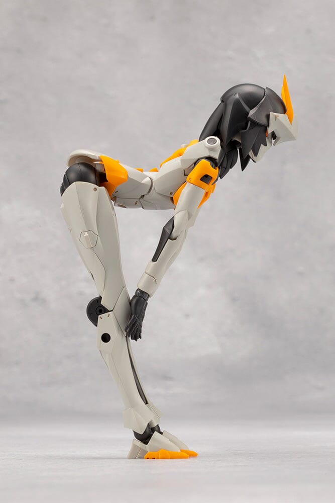 an articulated female robot action figure is posed against a minimalist gray backdrop, highlighting its sleek white, orange, and black design and flexible range of motion.