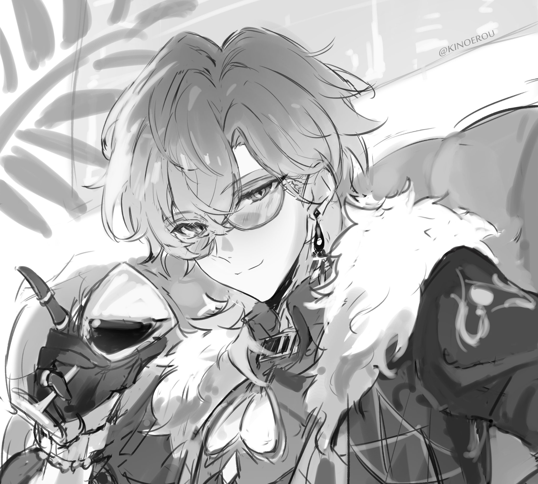 the image is a grayscale digital drawing, likely fanart, depicting a stylish anime or mangastyle male character. he has shoulderlength, slightly wavy hair, and is wearing glasses, a furtrimmed coat, and what appears to be a dark, possibly formal, outfit underneath. he holds a glass, possibly containing wine, and has a somewhat smug or confident expression. the art style is loose and sketchy, with a focus on capturing a mood and personality rather than precise detail.  the artist's tag "@kinoerou" is visible in the upper right corner. the background is vaguely suggestive of an indoor setting with some plantlike elements.